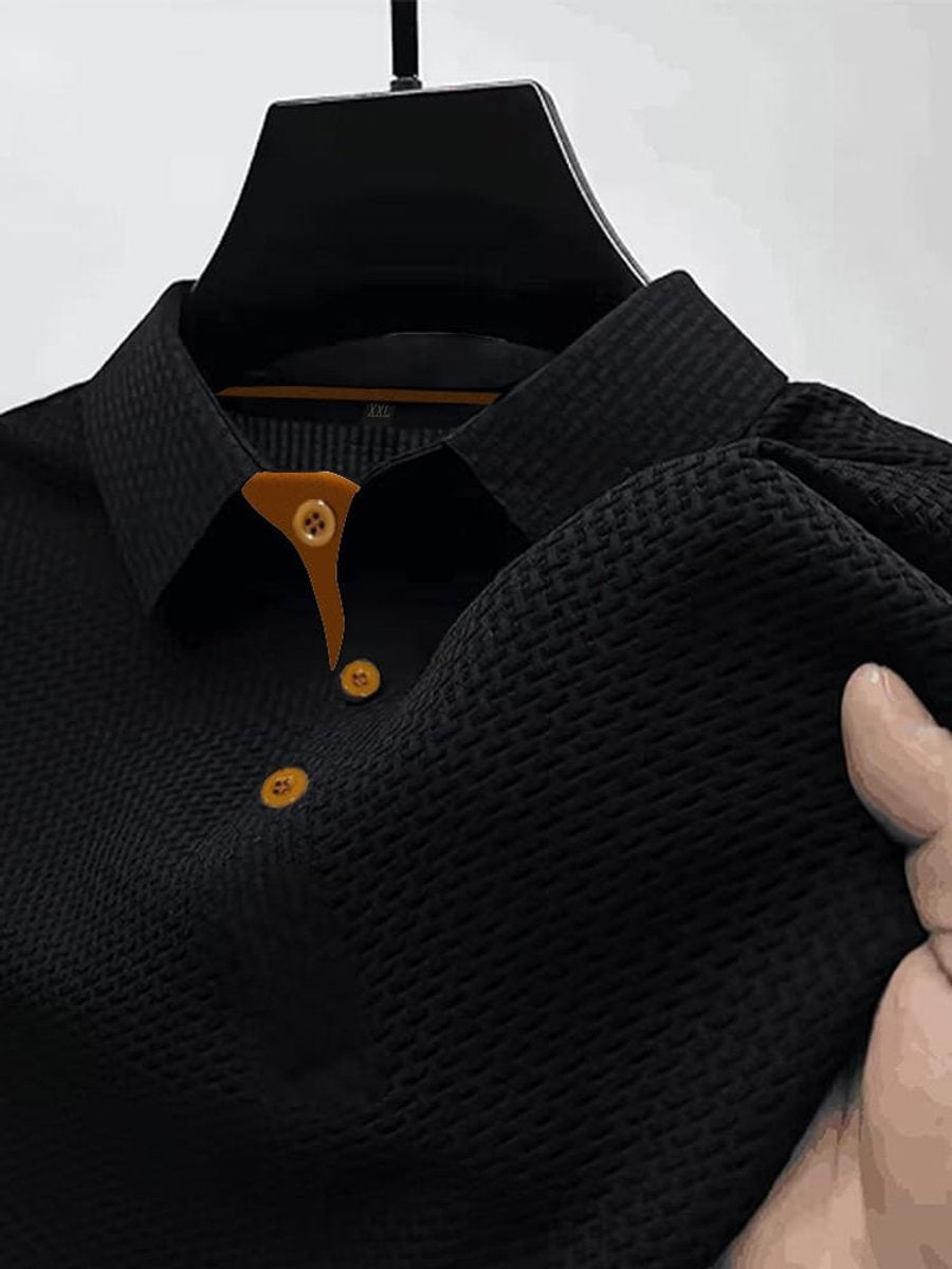 Men's Textured Woven-Pattern Button-Collar Polo Shirt - Black