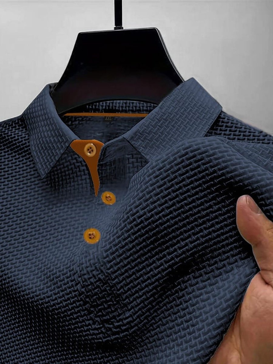Men's Textured Woven-Pattern Button-Collar Polo Shirt - Dark Blue