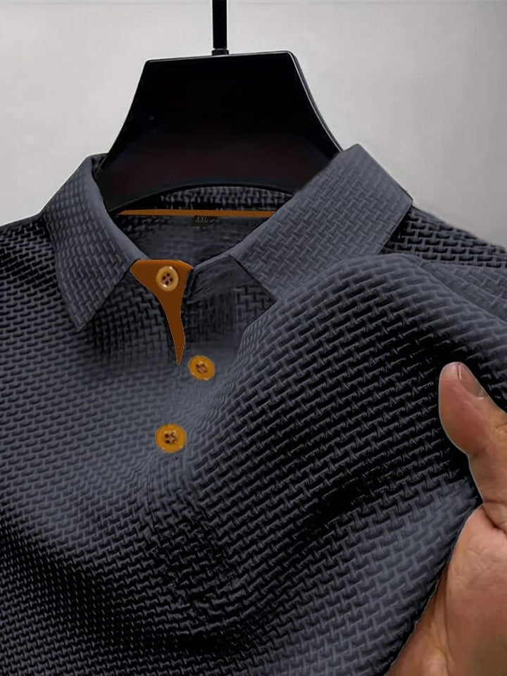 Men's Textured Woven-Pattern Button-Collar Polo Shirt - Dark Gray