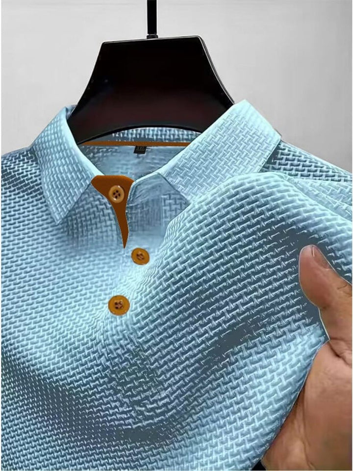 Men's Textured Woven-Pattern Button-Collar Polo Shirt - Light Blue