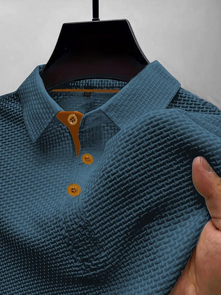 Men's Textured Woven-Pattern Button-Collar Polo Shirt - Blue