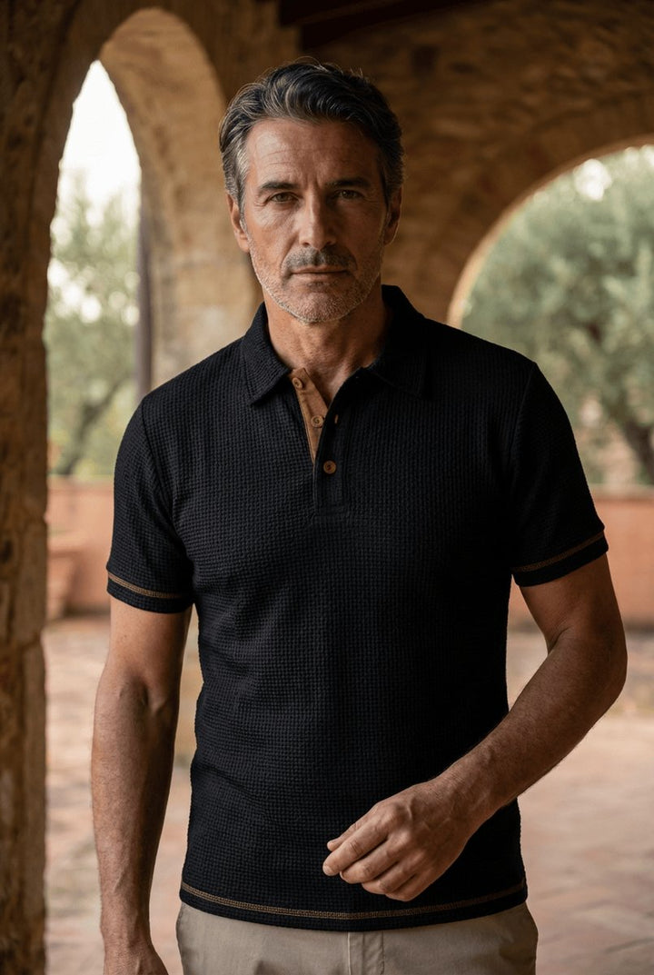Men's Textured Woven-Pattern Button-Collar Polo Shirt