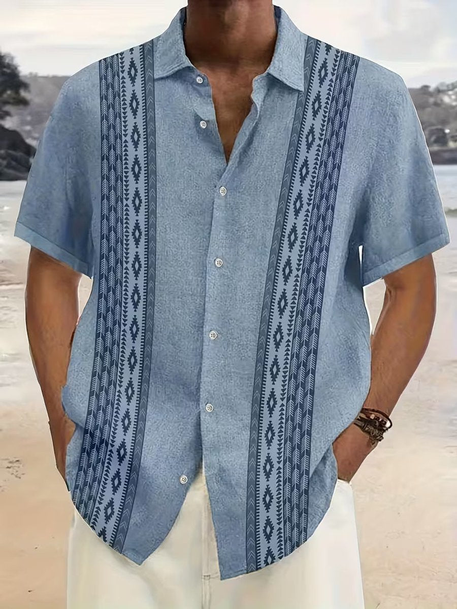 Men's Vintage Aztec Geometric Short-Sleeve Button-Down Shirt - Blue
