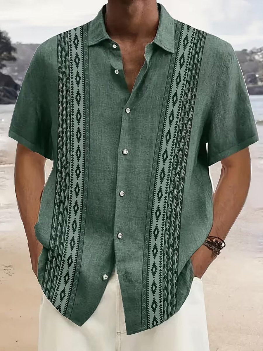 Men's Vintage Aztec Geometric Short-Sleeve Button-Down Shirt - Green