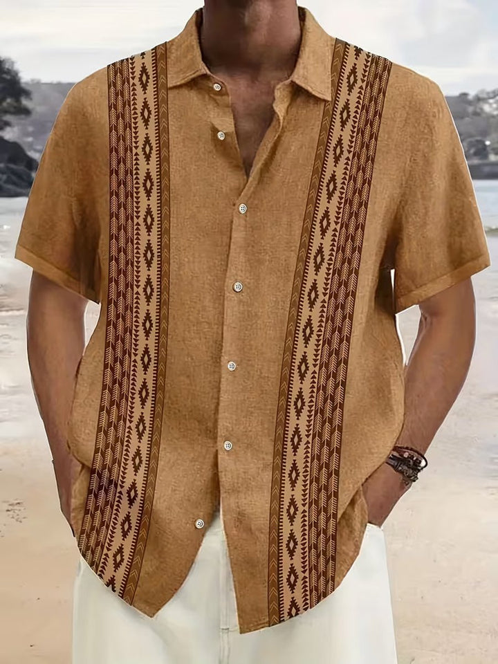 Men's Vintage Aztec Geometric Short-Sleeve Button-Down Shirt - Brown