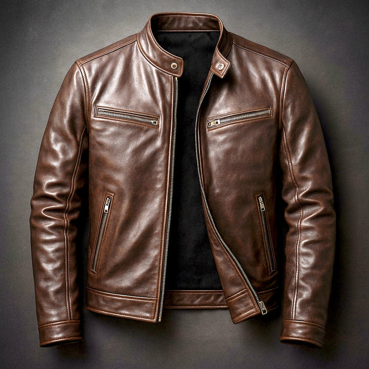 Men's Vintage Biker Leather Jacket Zip-Up Moto Style - Cigar Brown