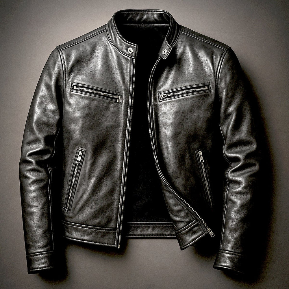 Men's Vintage Biker Leather Jacket Zip-Up Moto Style - Biker Black