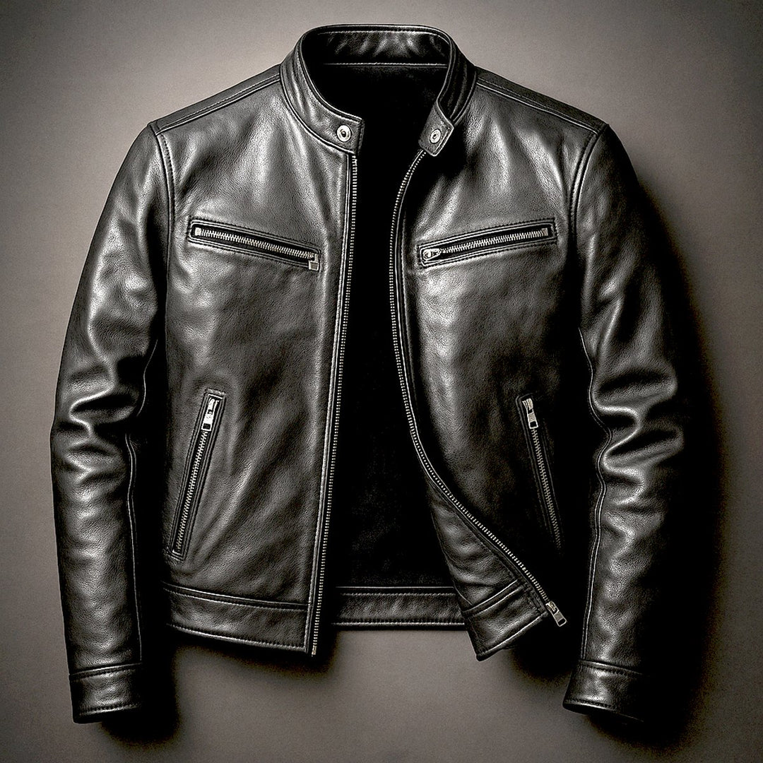 Men's Vintage Biker Leather Jacket Zip-Up Moto Style - Biker Black