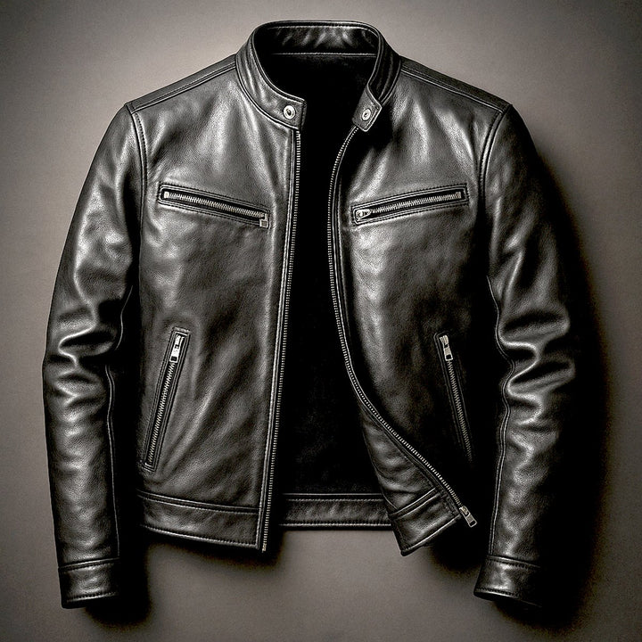 Men's Vintage Biker Leather Jacket Zip-Up Moto Style - Biker Black