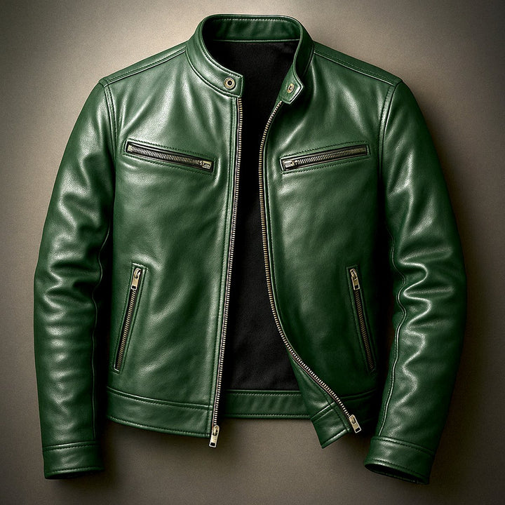 Men's Vintage Biker Leather Jacket Zip-Up Moto Style - Forest Green