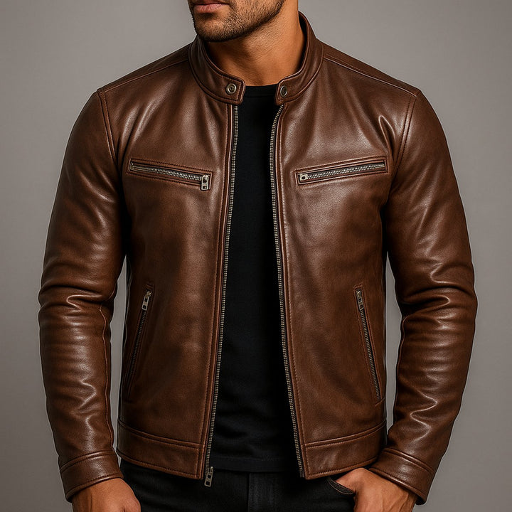 Men's Vintage Biker Leather Jacket Zip-Up Moto Style