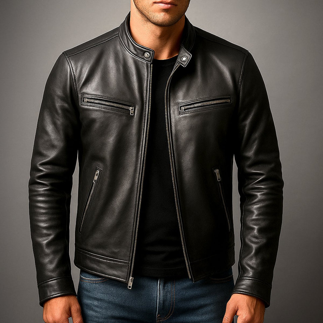Men's Vintage Biker Leather Jacket Zip-Up Moto Style