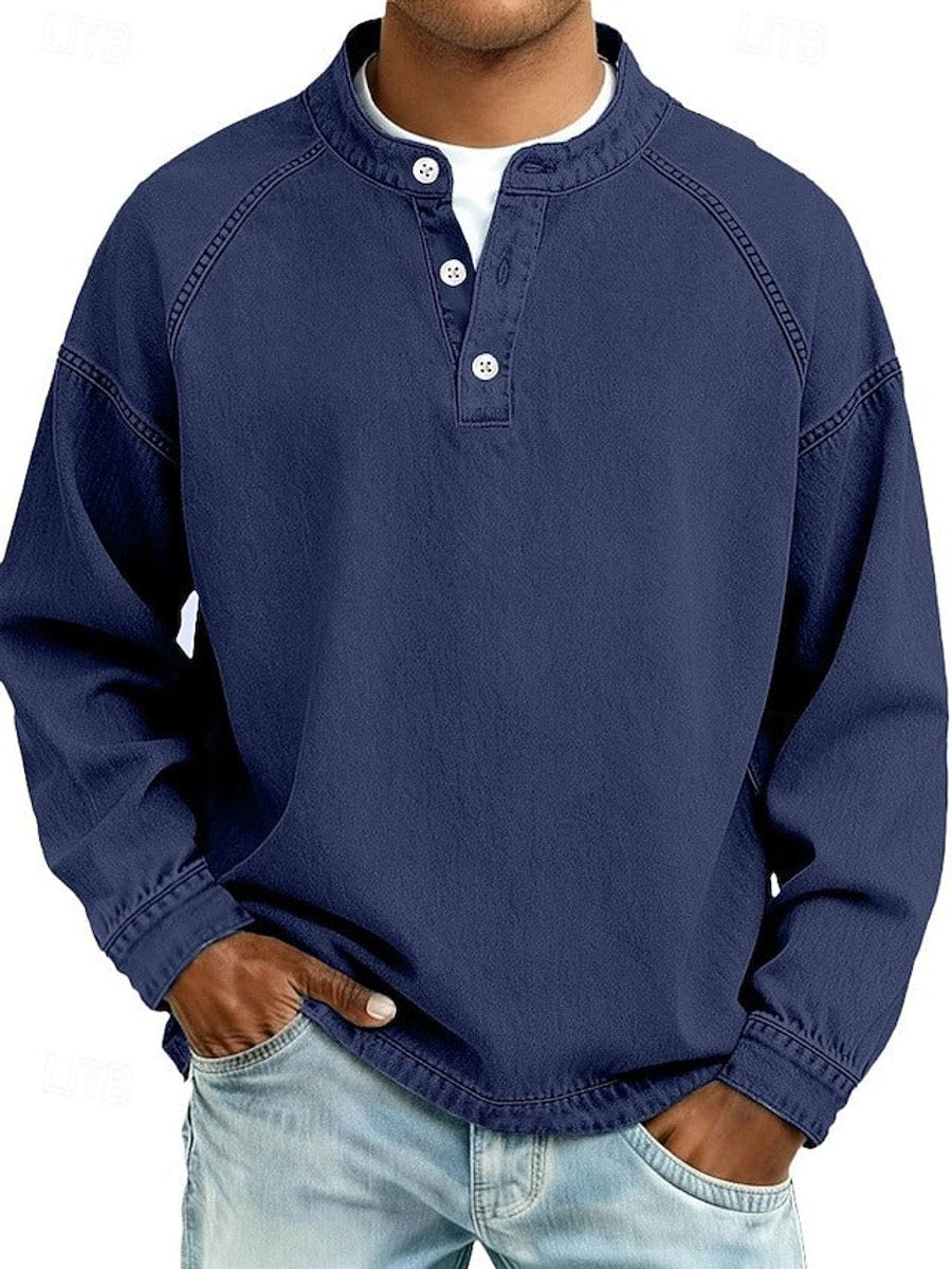 Men's Vintage Washed Henley Pullover Mens Knit Sweater Long Sleeve - Royal Blue