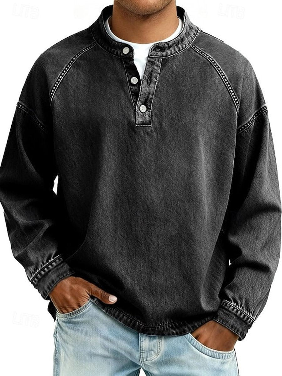 Men's Vintage Washed Henley Raglan Pullover Sweatshirt - Black