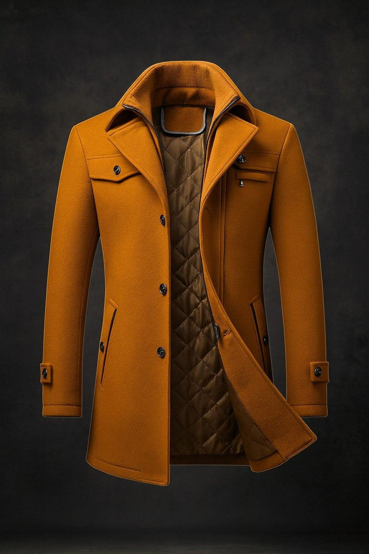 Men's Wool Coat Double-Collar Quilted-Lined Slim Overcoat - Brown