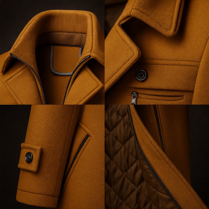 Men's Wool Coat Double-Collar Quilted-Lined Slim Overcoat