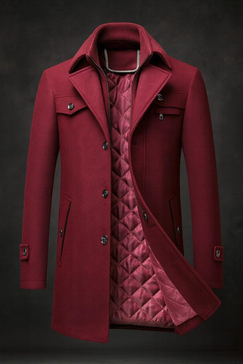 Men's Wool Coat Double-Collar Quilted-Lined Slim Overcoat - Burgundy