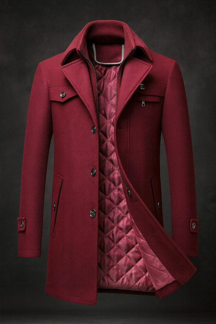 Men's Wool Coat Double-Collar Quilted-Lined Slim Overcoat - Burgundy