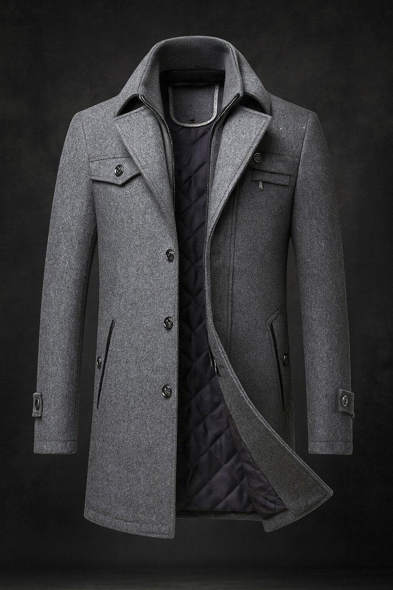 Men's Wool Coat Double-Collar Quilted-Lined Slim Overcoat - Gray