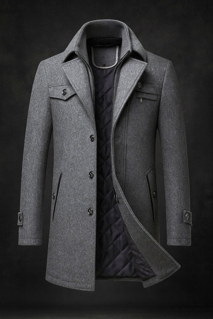 Men's Wool Coat Double-Collar Quilted-Lined Slim Overcoat - Gray