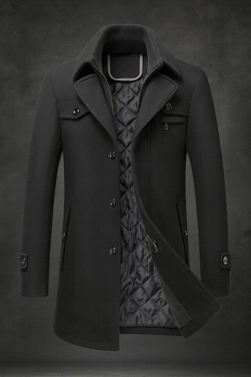 Men's Wool Coat Double-Collar Quilted-Lined Slim Overcoat - Black