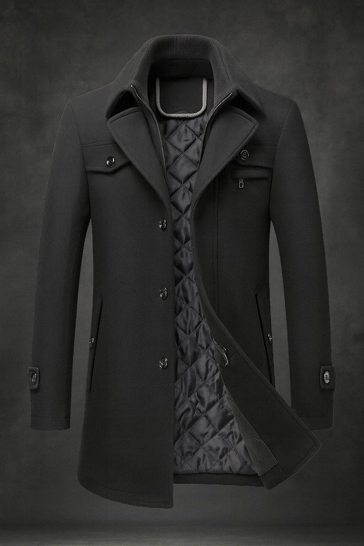 Men's Wool Coat Double-Collar Quilted-Lined Slim Overcoat - Black