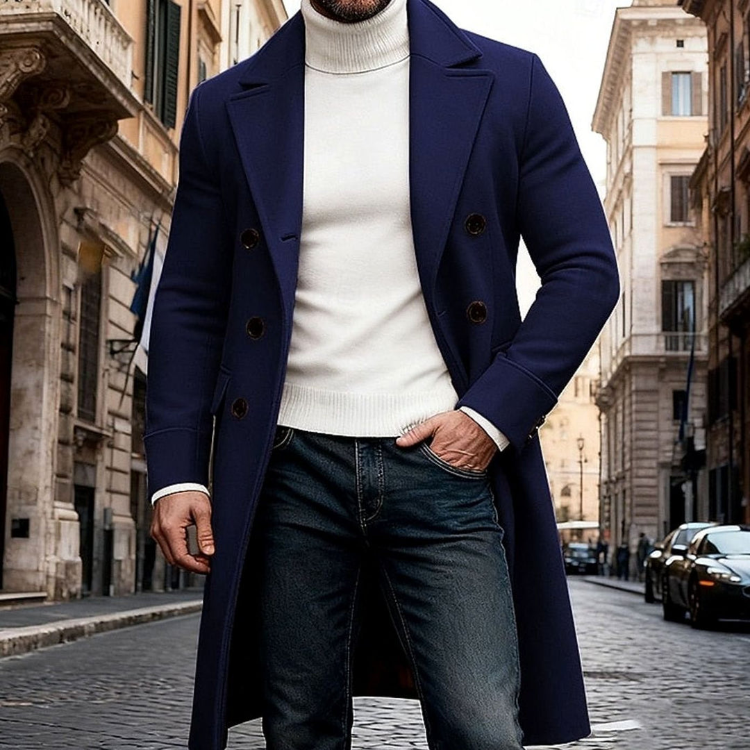 Men's Wool Double-Breasted Long Overcoat Tailored Fit - Navy Blue