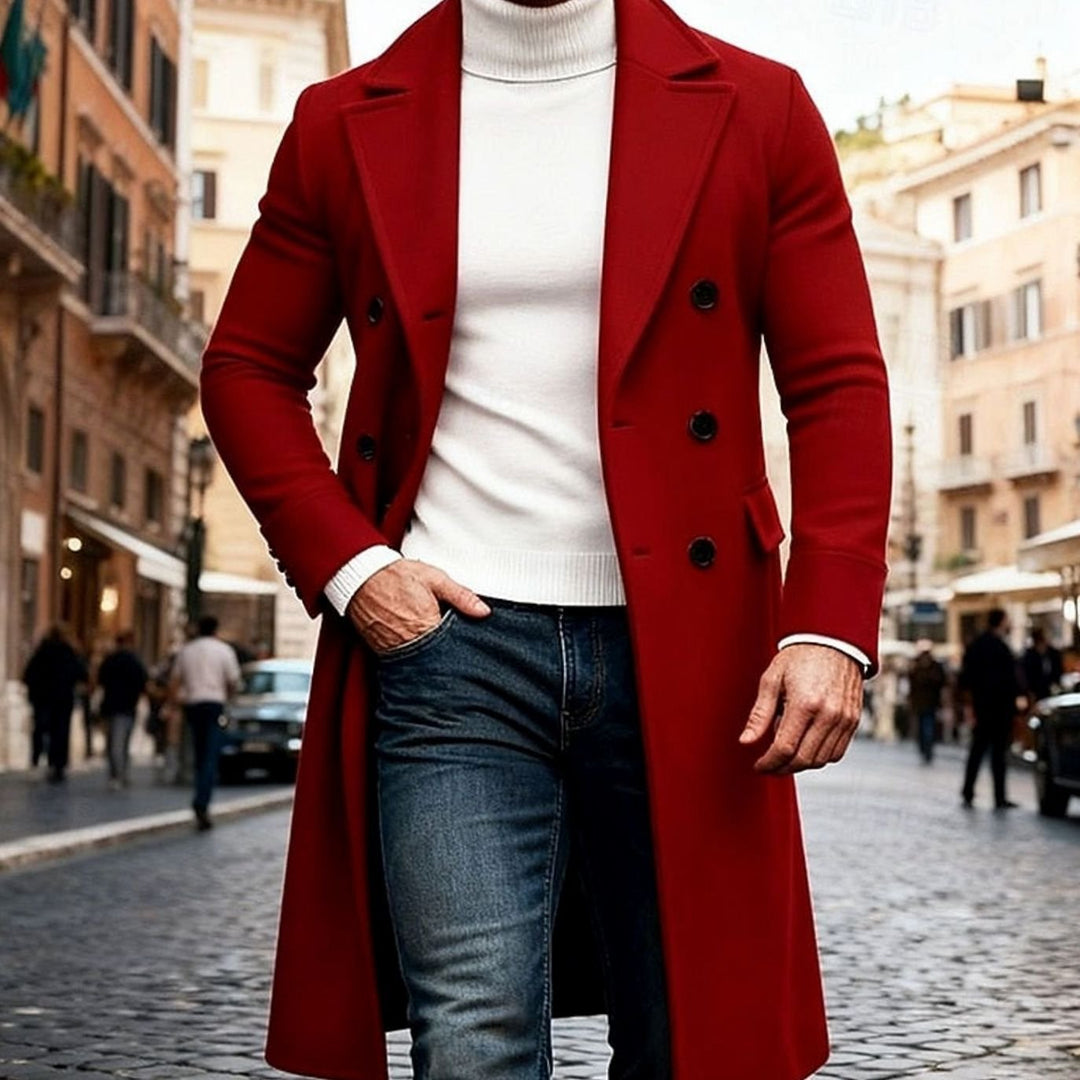 Men's Wool Double-Breasted Long Overcoat Tailored Fit - Wine