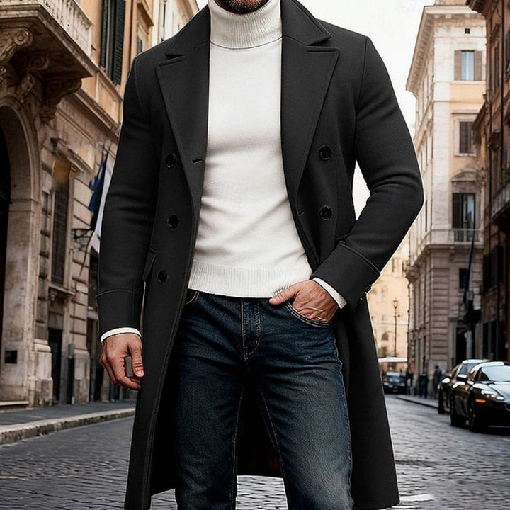 Men's Wool Double-Breasted Long Overcoat Tailored Fit - Black