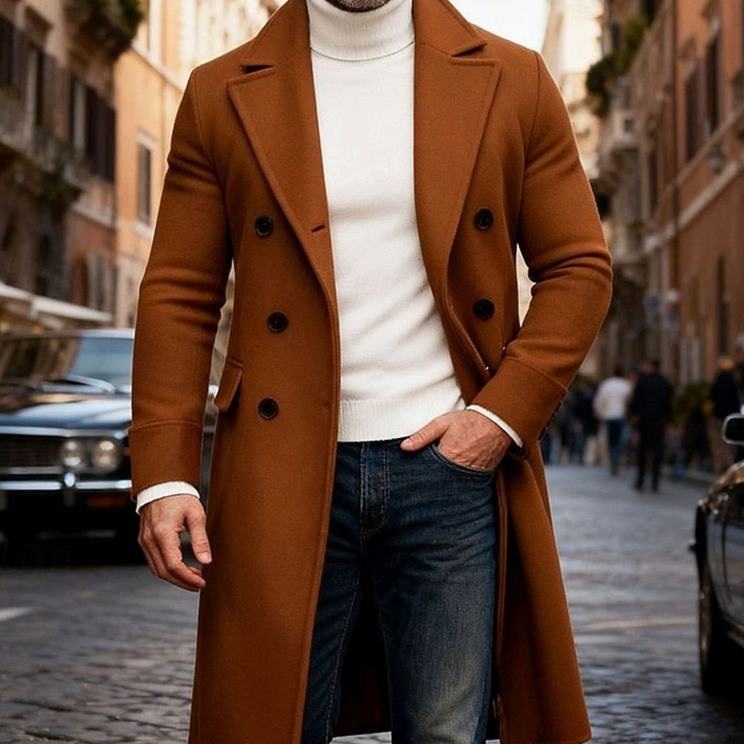 Men's Wool Double-Breasted Long Overcoat Tailored Fit