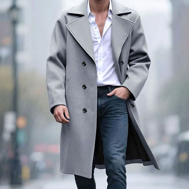 Men's Wool Double-Breasted Tailored Long Overcoat - Light Grey