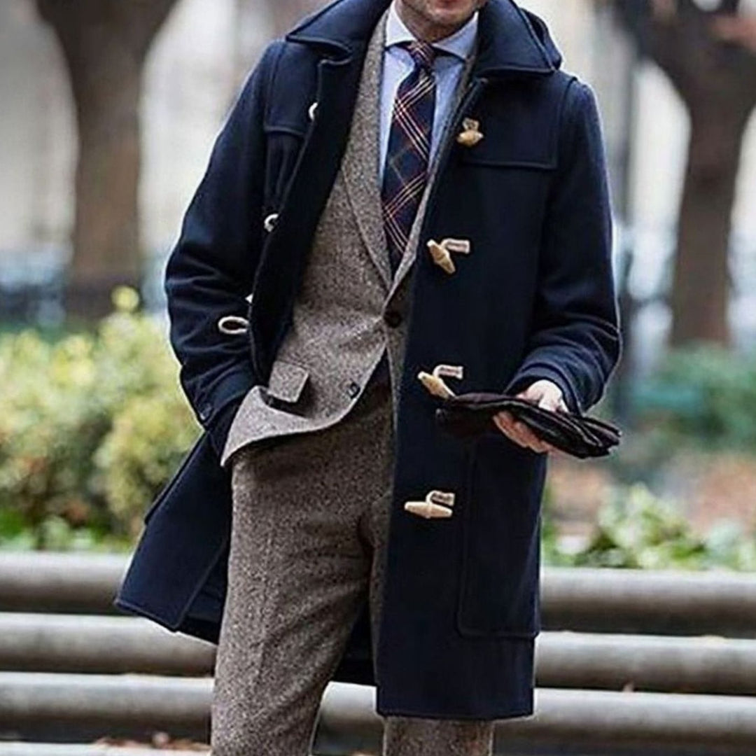 Men's Wool Long Hooded Toggle-Closure Overcoat - Dark Blue