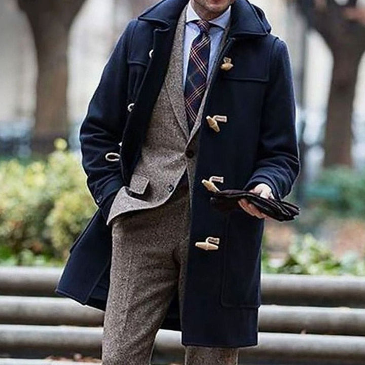 Men's Wool Long Hooded Toggle-Closure Overcoat - Dark Blue