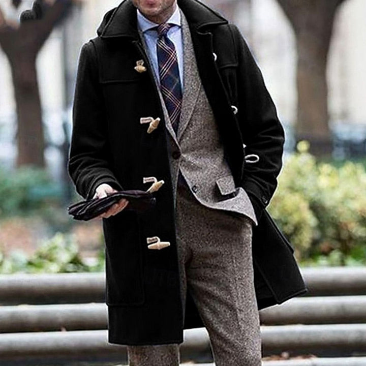 Men's Wool Long Hooded Toggle-Closure Overcoat - Black