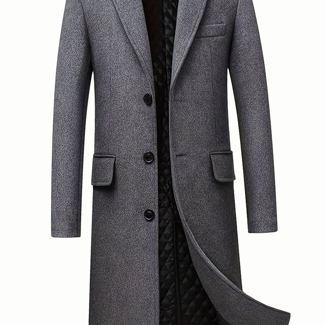 Men's Wool Long Overcoat Tailored Button-Front Trench Coat - Gray