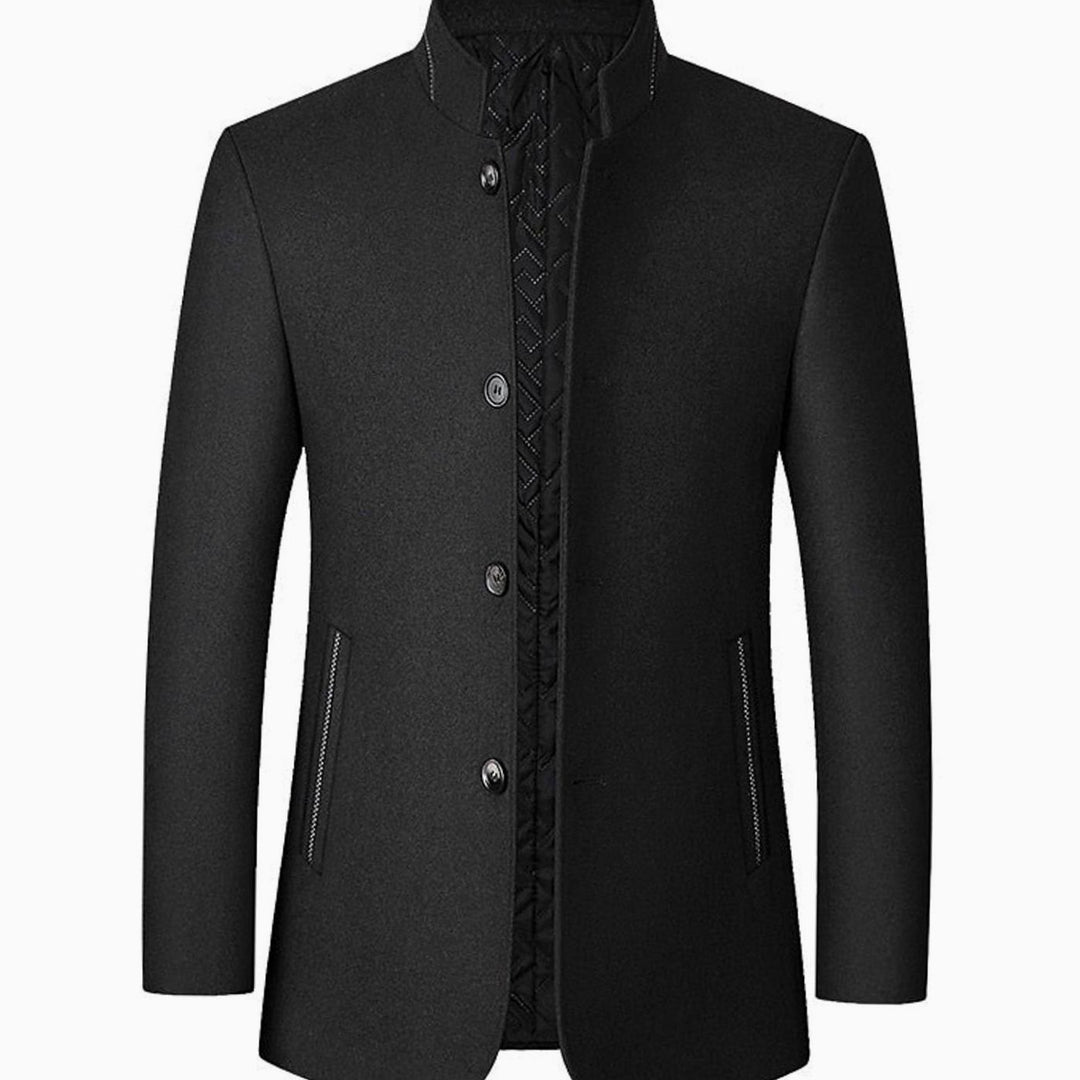 Men's Wool Stand Collar Overcoat Tailored Button-Front Coat - Black