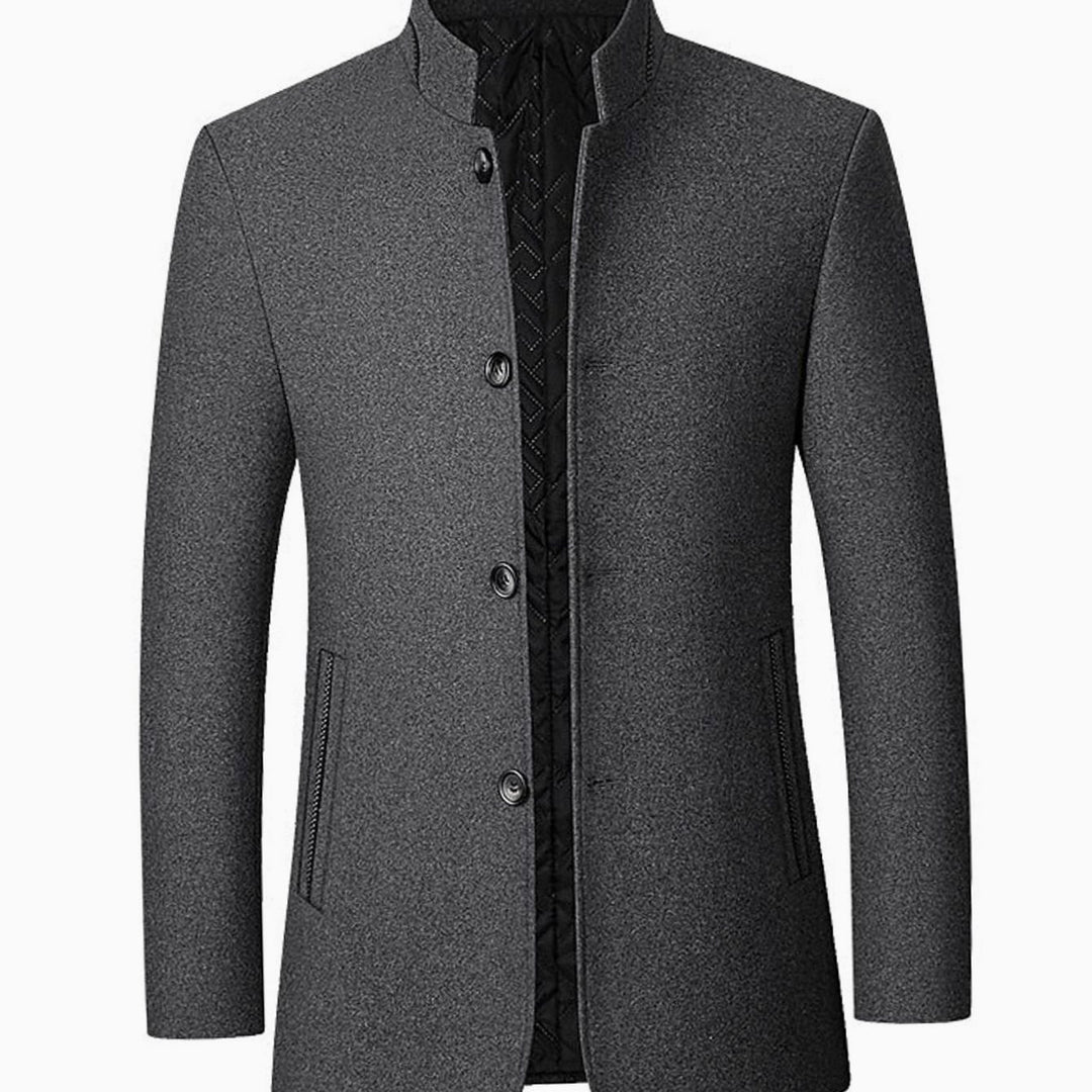 Men's Wool Stand Collar Overcoat Tailored Button-Front Coat - Gray