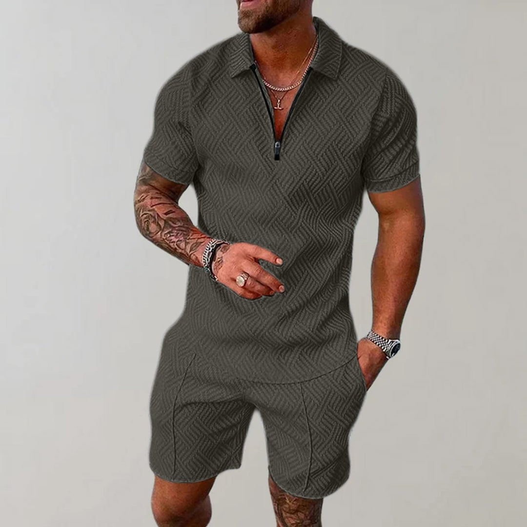 Men's Zip Polo Matching Shorts Set Textured Casual Summer - Green