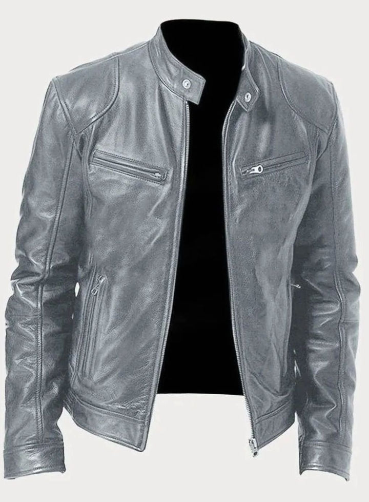 Men's Zip-Up Faux Leather Biker Casual Jacket - Gray