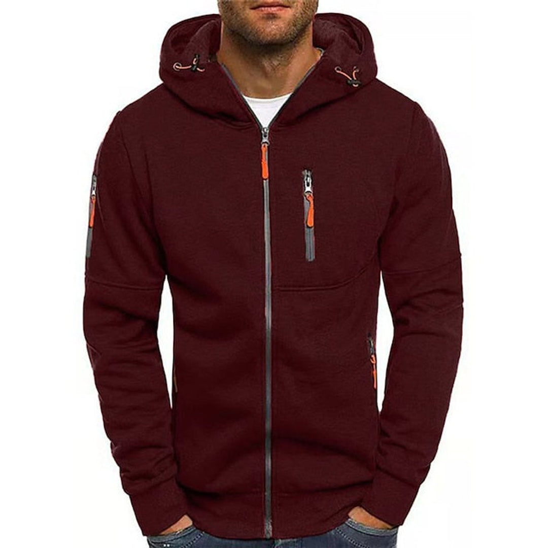 Men's Zip-Up Hooded Knit Sweater Fleece Pullover - Wine