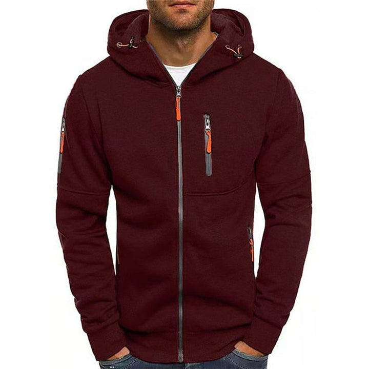 Men's Zip-Up Hooded Knit Sweater Fleece Pullover - Wine