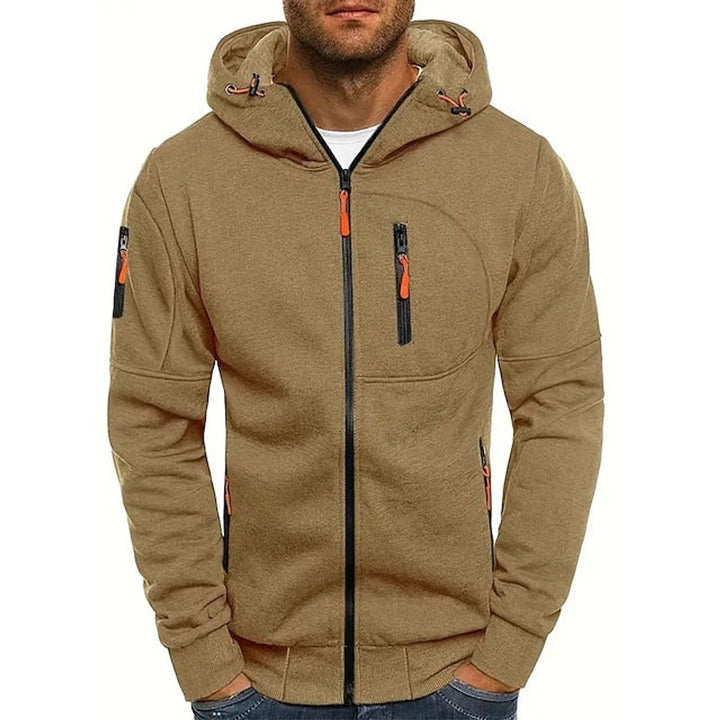 Men's Zip-Up Hooded Knit Sweater Fleece Pullover - Khaki