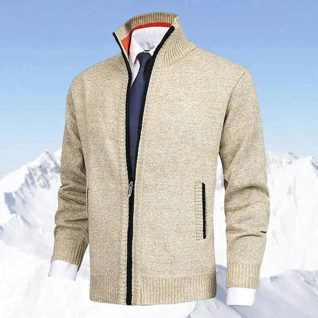 Men's Zip-Up Mock Neck Knit Mens Cardigan Sweater Jacket - Beige