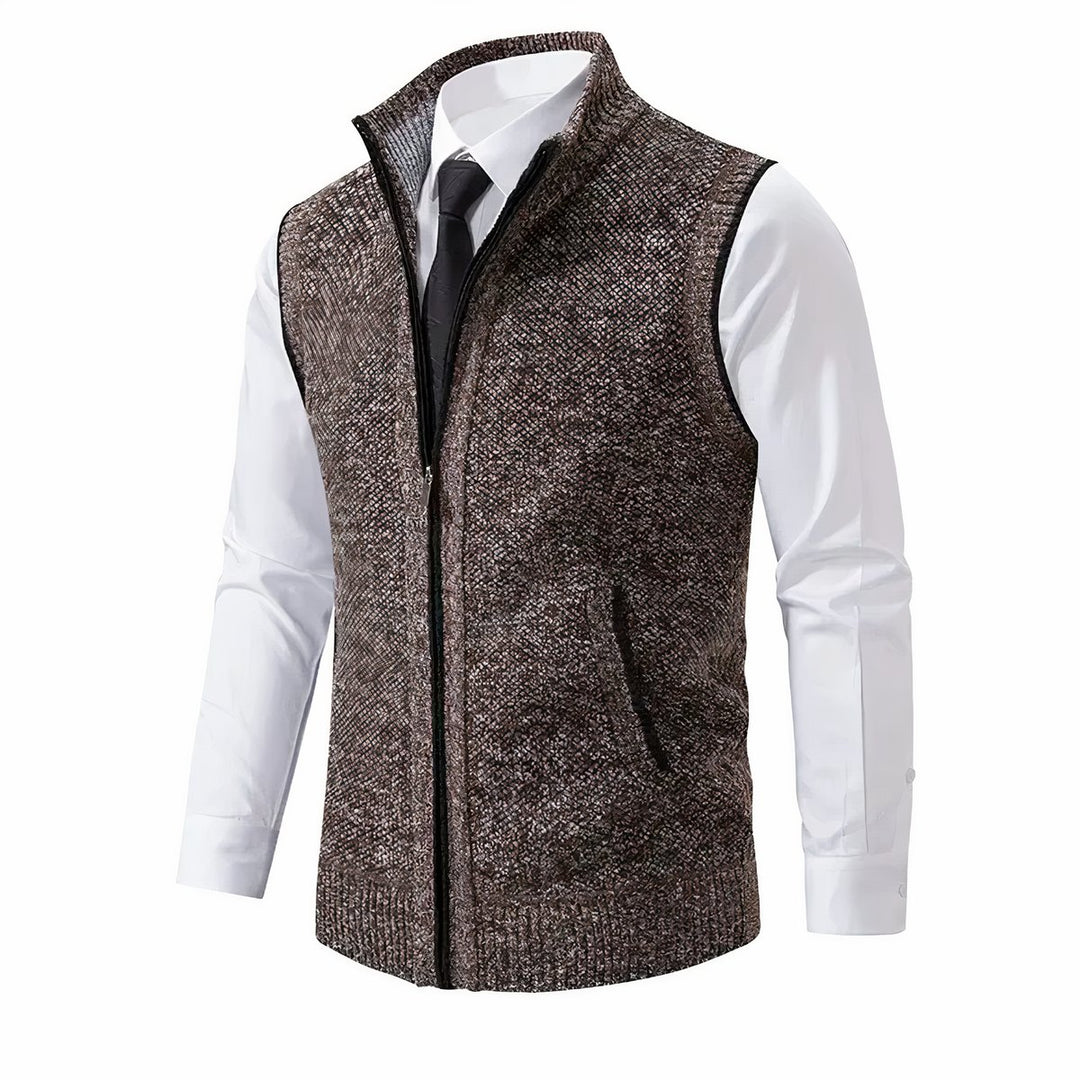Men's Zip-Up Sleeveless Knit Cardigan Sweater Vest - Brown