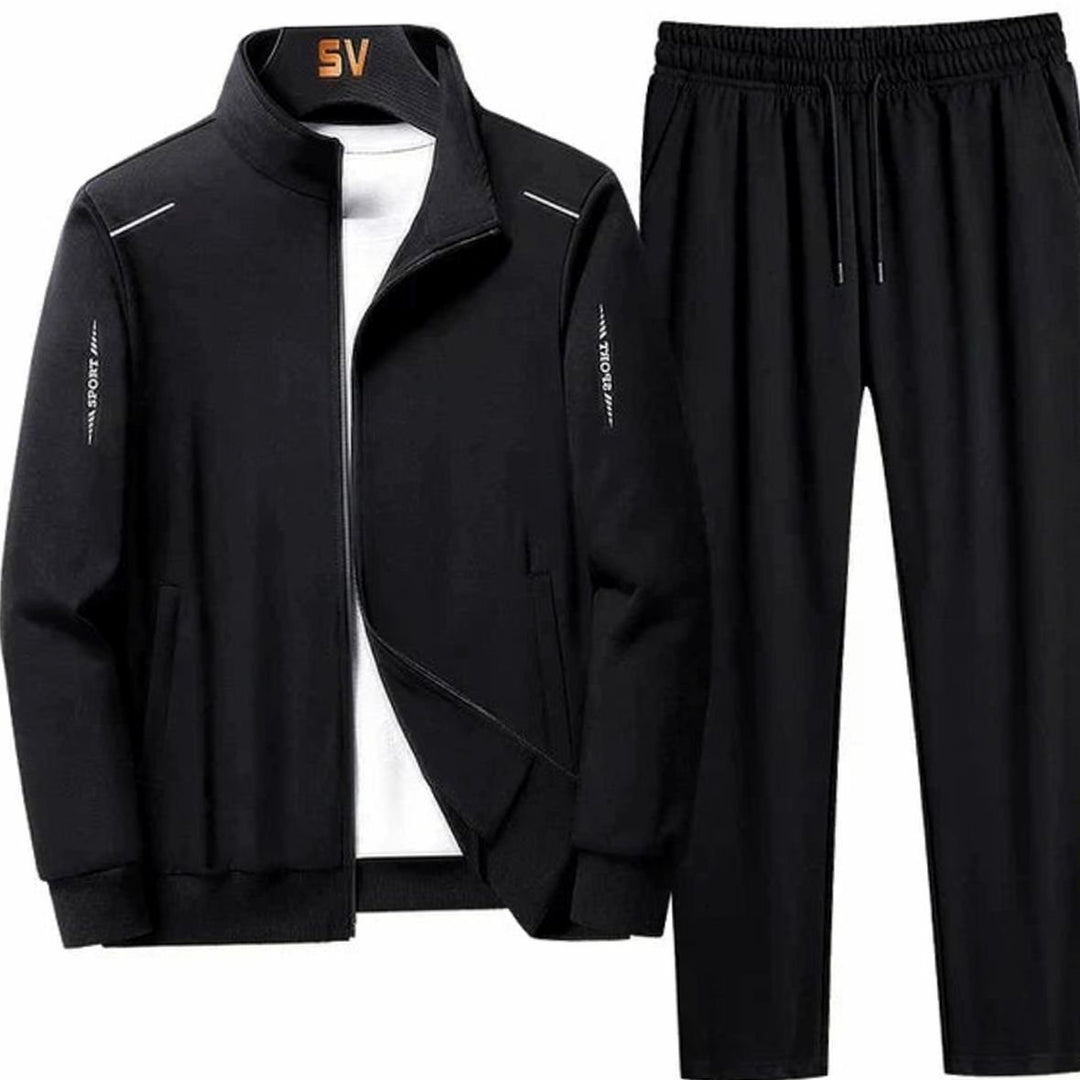 Men's Zip-Up Two-Piece Casual Tracksuit Jogger Set - Black
