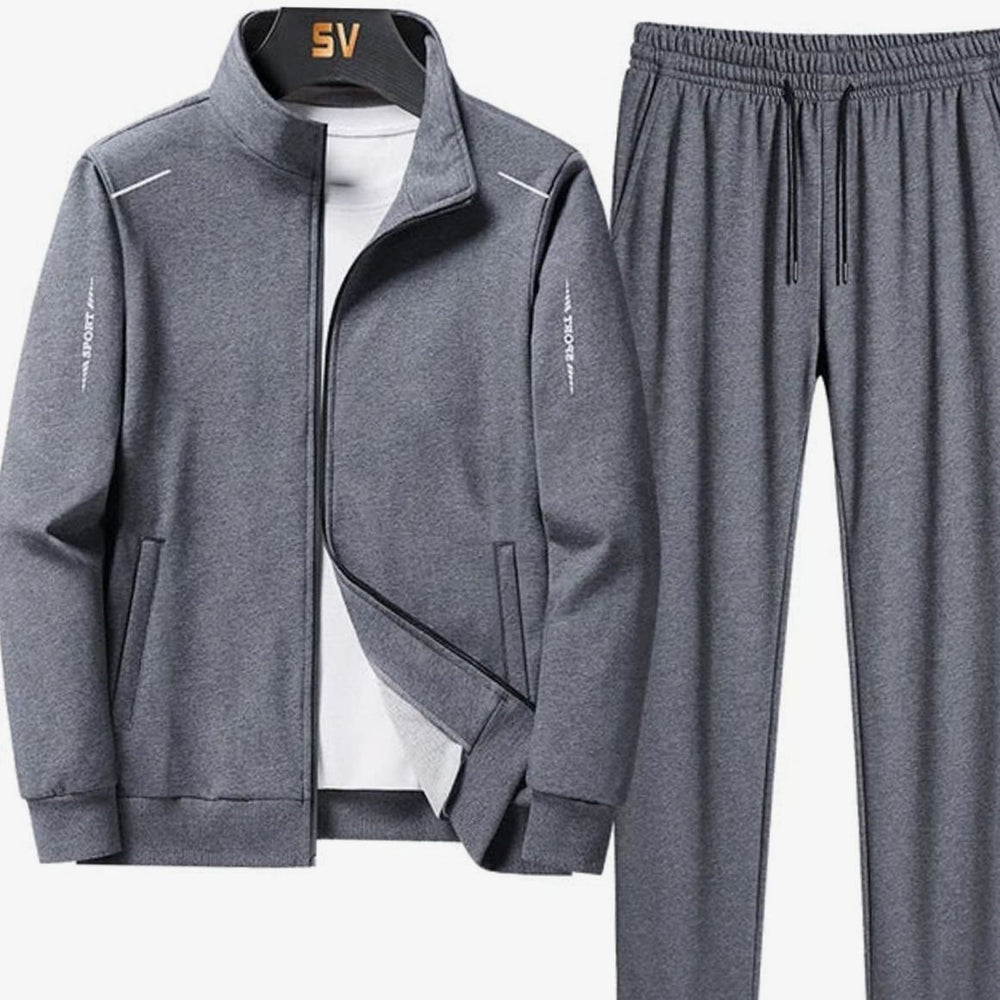 Men's Zip-Up Two-Piece Casual Tracksuit Jogger Set - Grey
