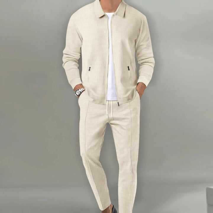 Men's Zip-Up Two-Piece Casual Tracksuit Slim Jogger Set - Beige