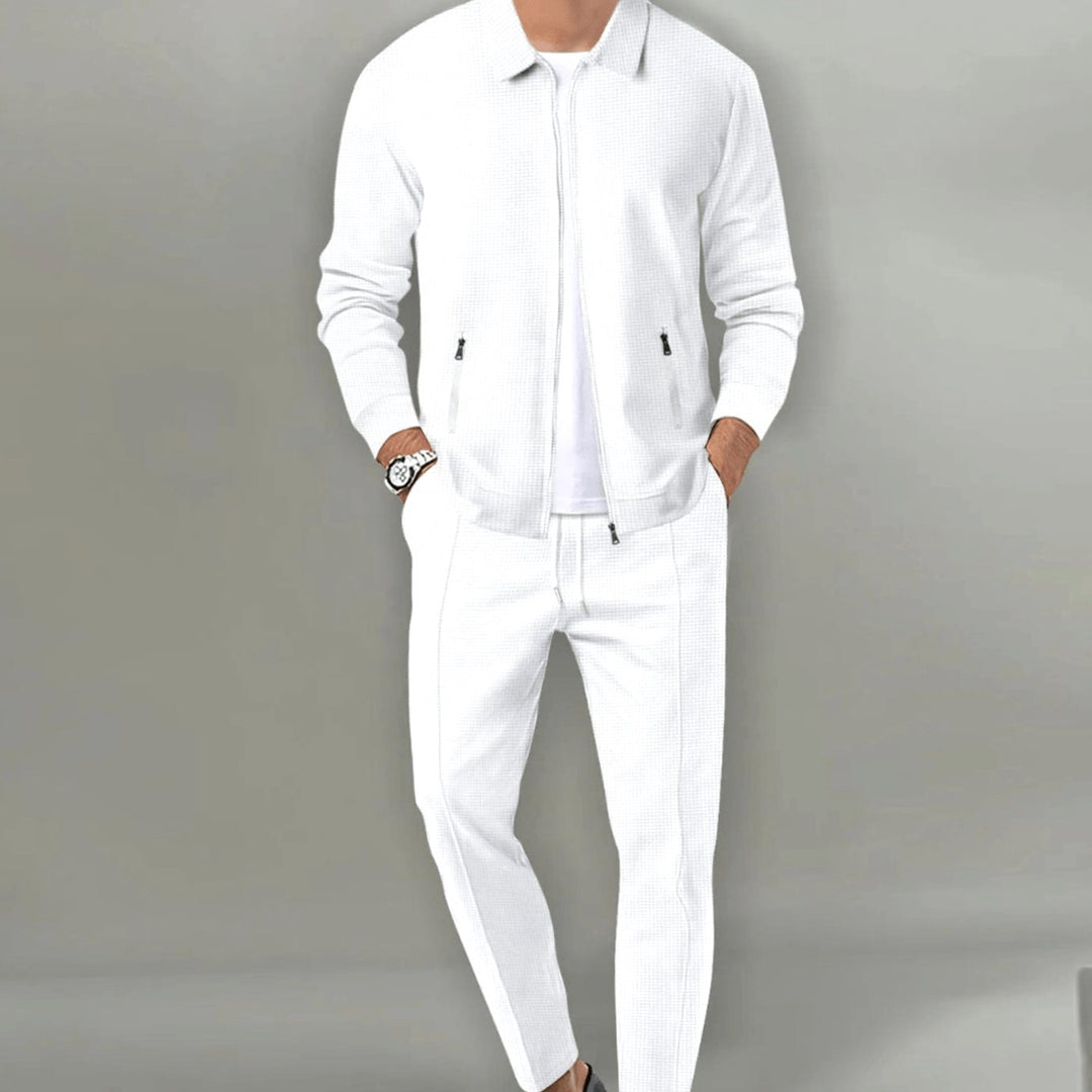 Men's Zip-Up Two-Piece Casual Tracksuit Slim Jogger Set - White