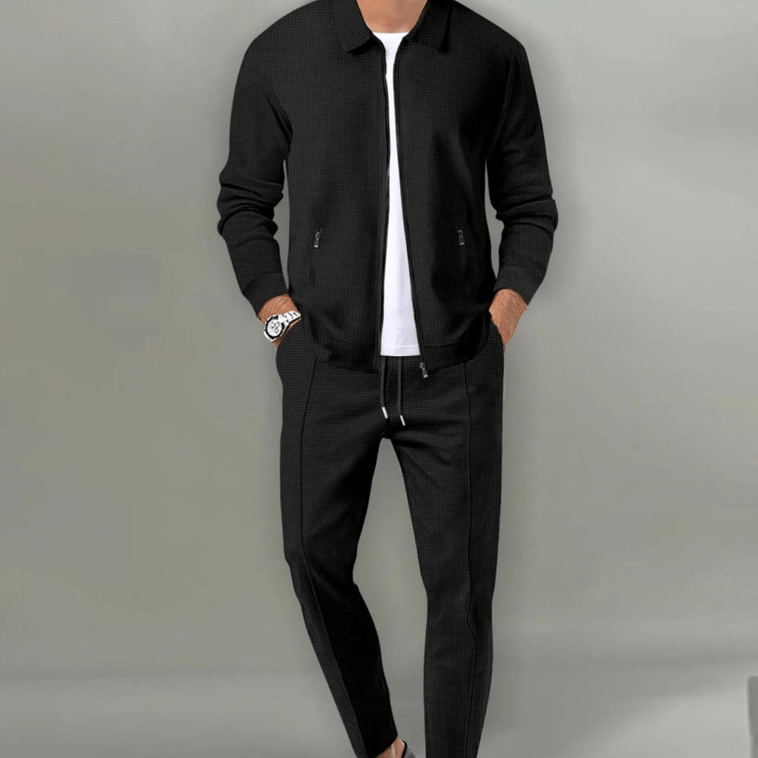 Men's Zip-Up Two-Piece Casual Tracksuit Slim Jogger Set - Black