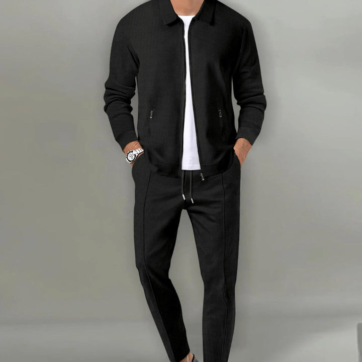 Men's Zip-Up Two-Piece Casual Tracksuit Slim Jogger Set - Black